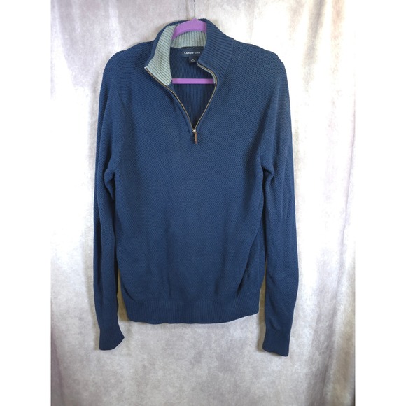 Lands' End Mens 1/4 Zip Mock Neck Pullover Knit Sweater Blue Cotton Blend - Picture 1 of 7